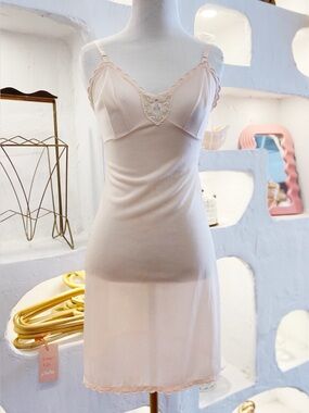 70s Vintage Crepelon Nylon Peachy Pink Slip Dress with Lace Accents